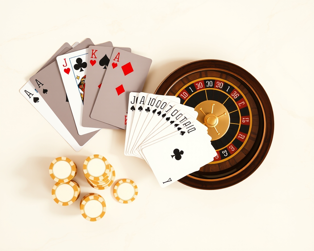 Casino cards, chips and a roulette wheel
